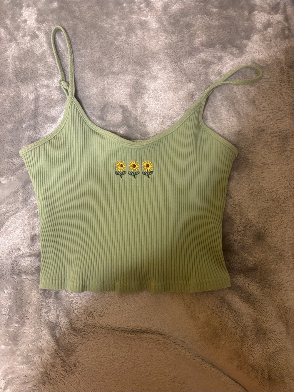 SHEIN Light Green Ribbed Sunflower Embroidered Cami